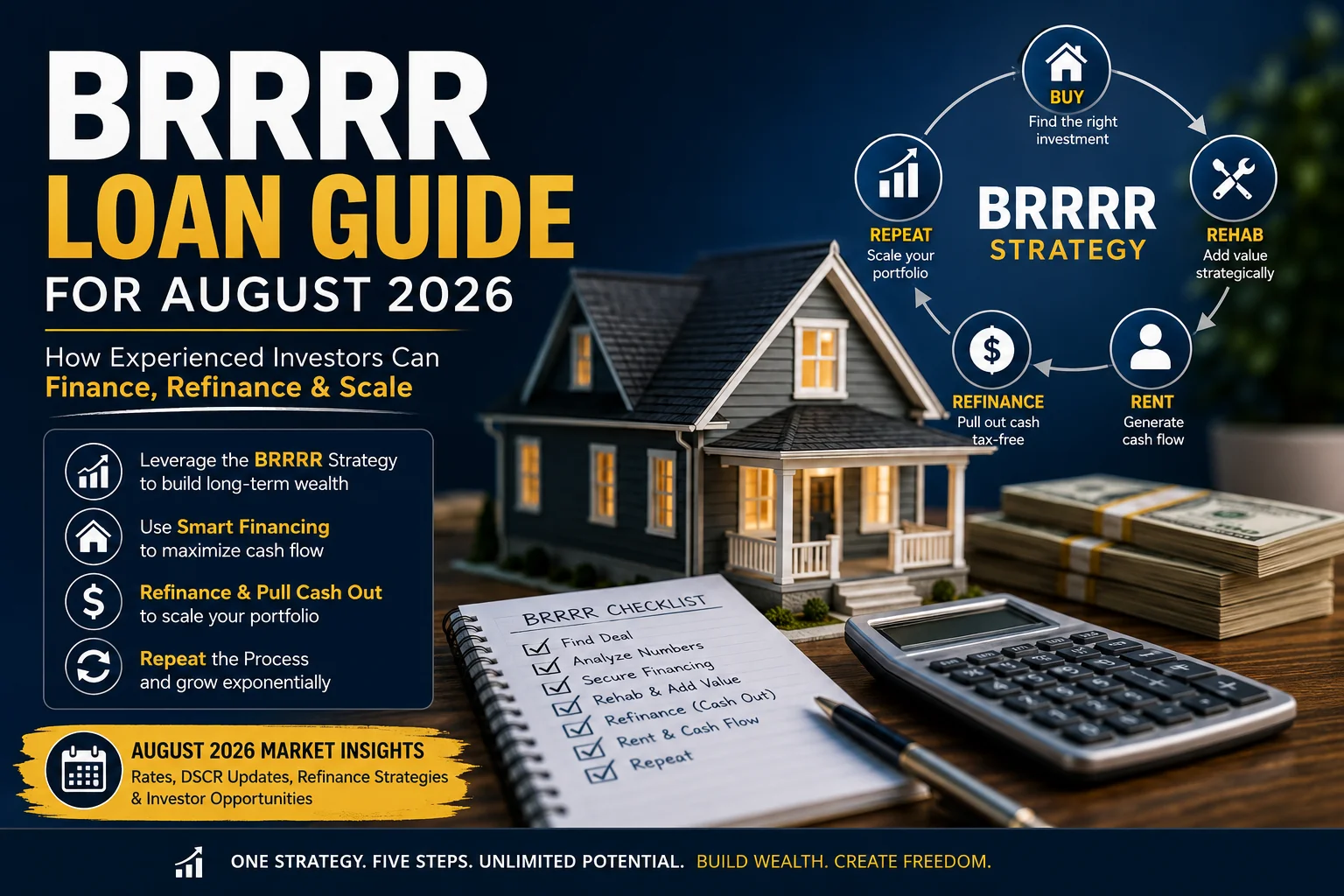 Promotional infographic for BRRRR Loan Guide August 2026 showing a model house, money stacks, calculator, and a BRRRR strategy cycle around the house image.