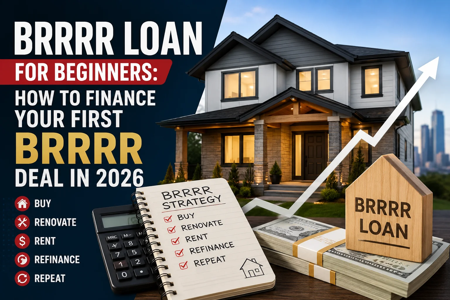 Infographic promoting BRRRR loan strategy: house, money, checklist, and upward trend line with bold text elements in the foreground.