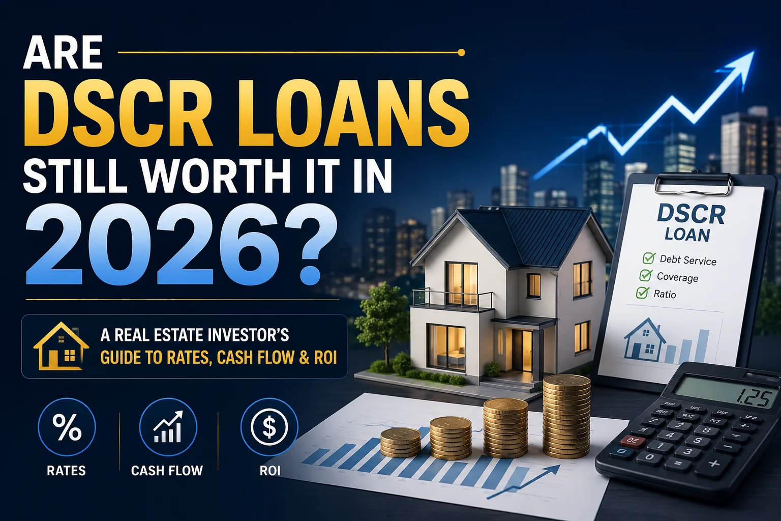Are DSCR loans still worth it in 2026? Model house, coins, calculator and a DSCR checklist clipboard.